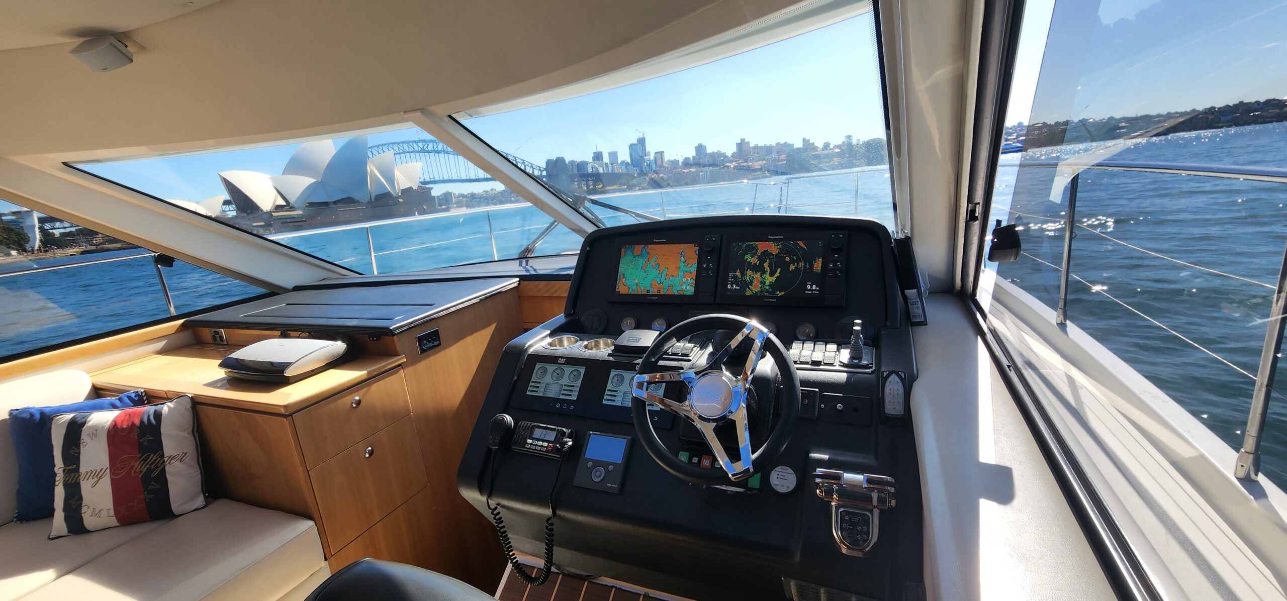 SEADUCTION Riviera 4700 Series II dashboard and helm with Raymarine navigation screens