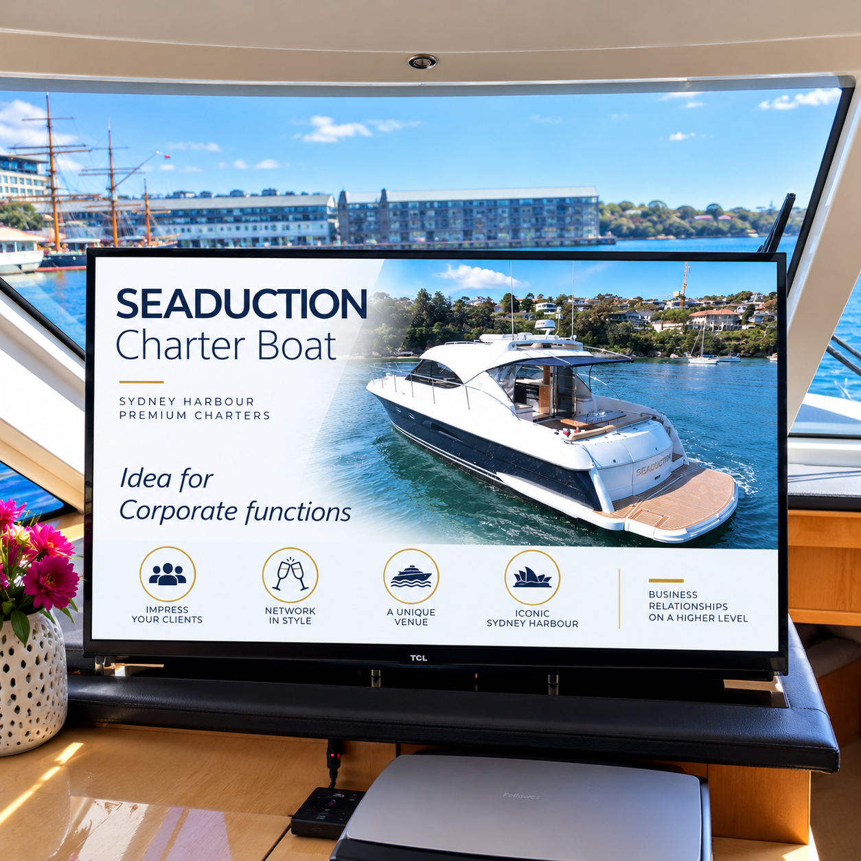 Presentation screen in SEADUCTION’s saloon
