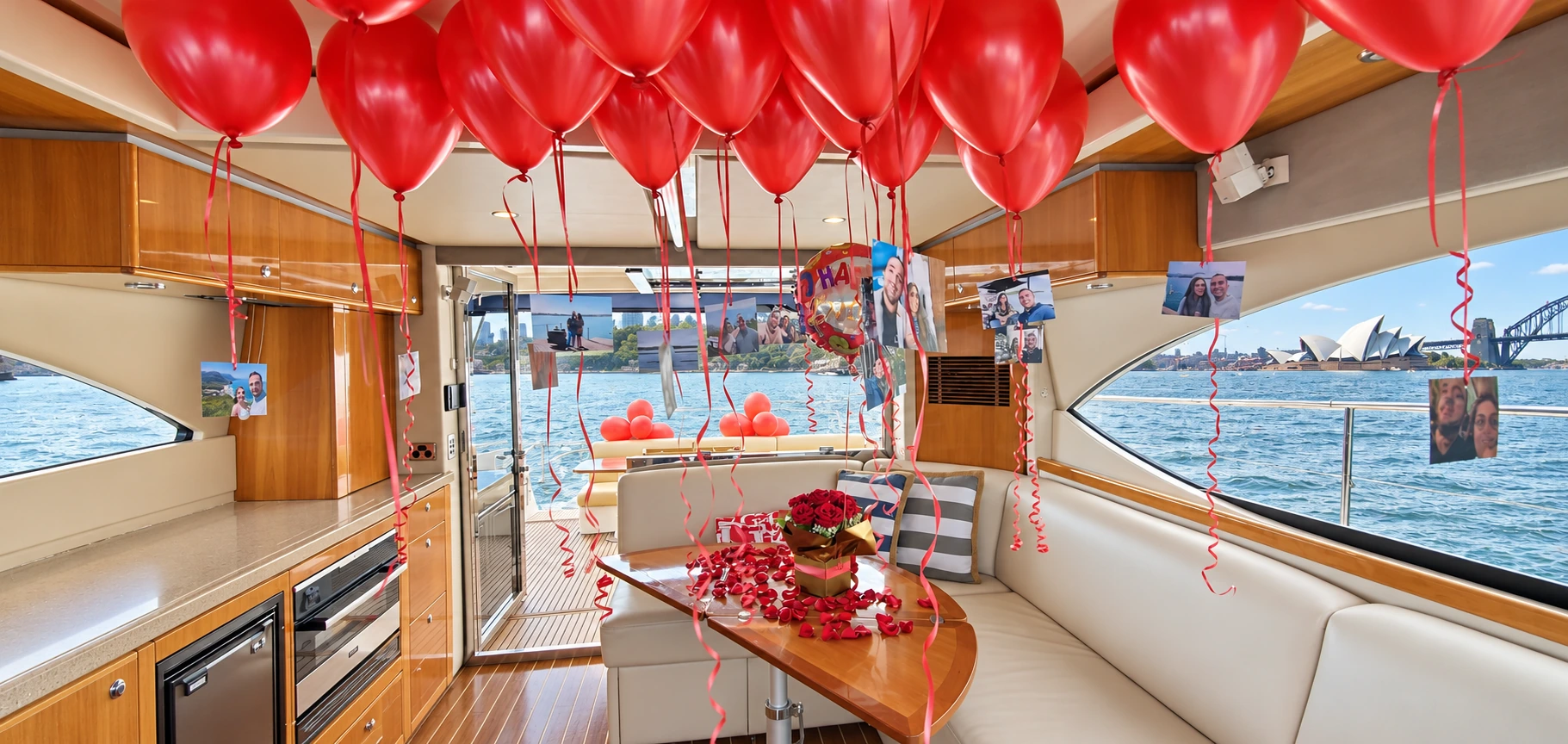 SEADUCTION’s saloon prepared with red balloons, roses and personal photographs for a romantic celebration