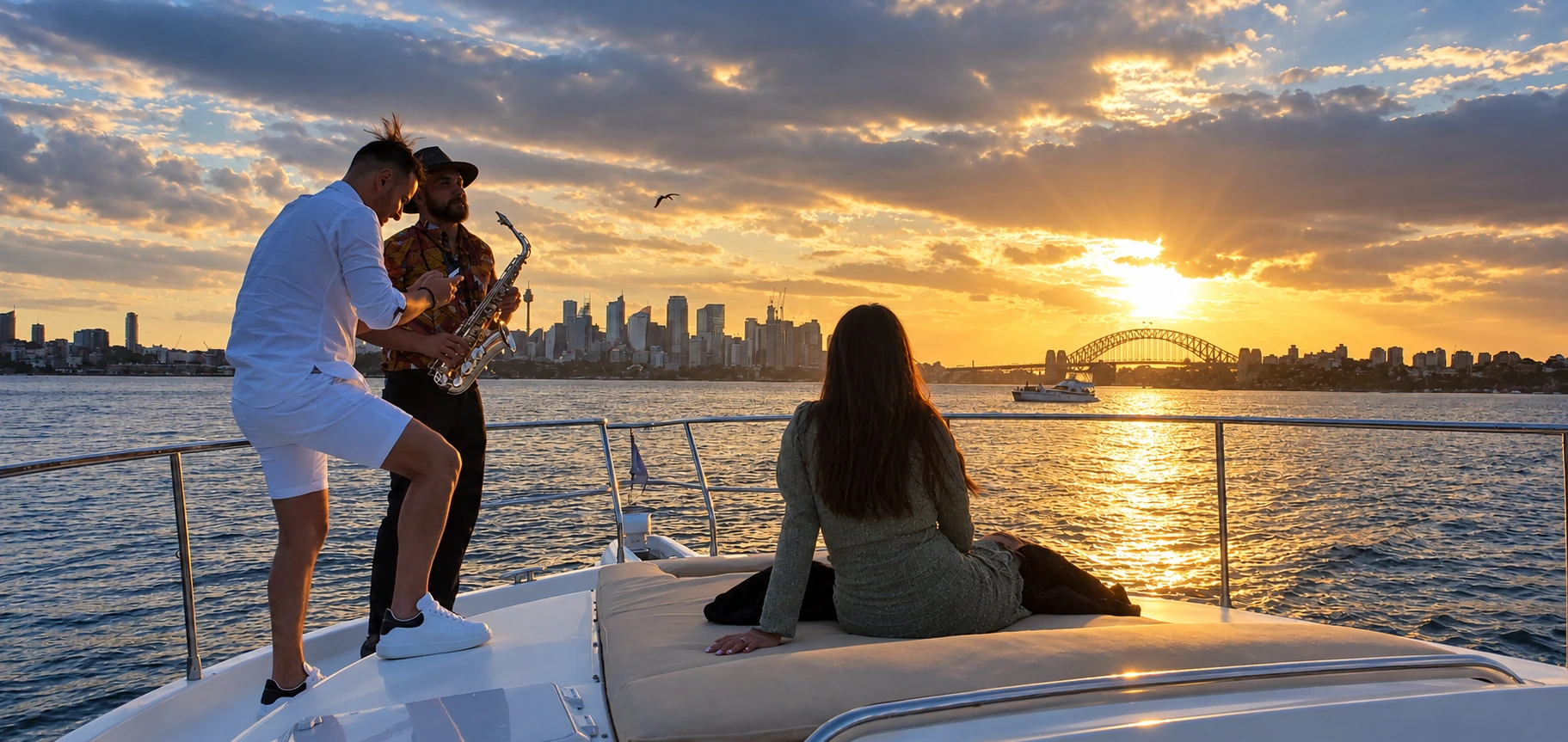 Live saxophone music on SEADUCTION’s bow at sunset with Sydney Harbour in the background